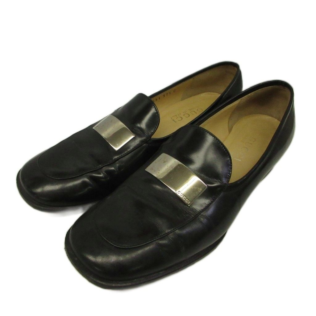 Gucci Loafers Leather Shoes Cowhide Square Toe Logo Plate Silver