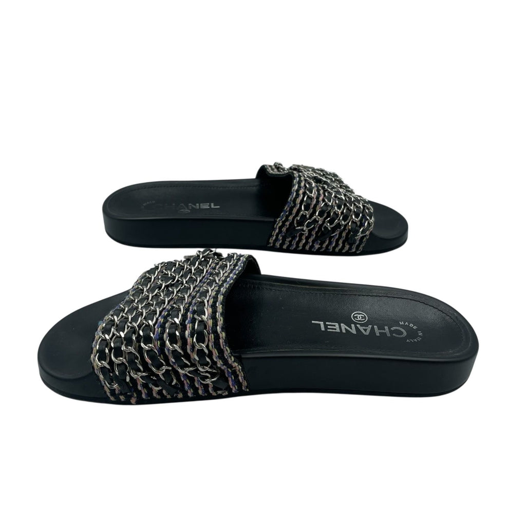 Chanel Sandals Leather CC Logo 6 Chain Shoes Flat Black — view 4