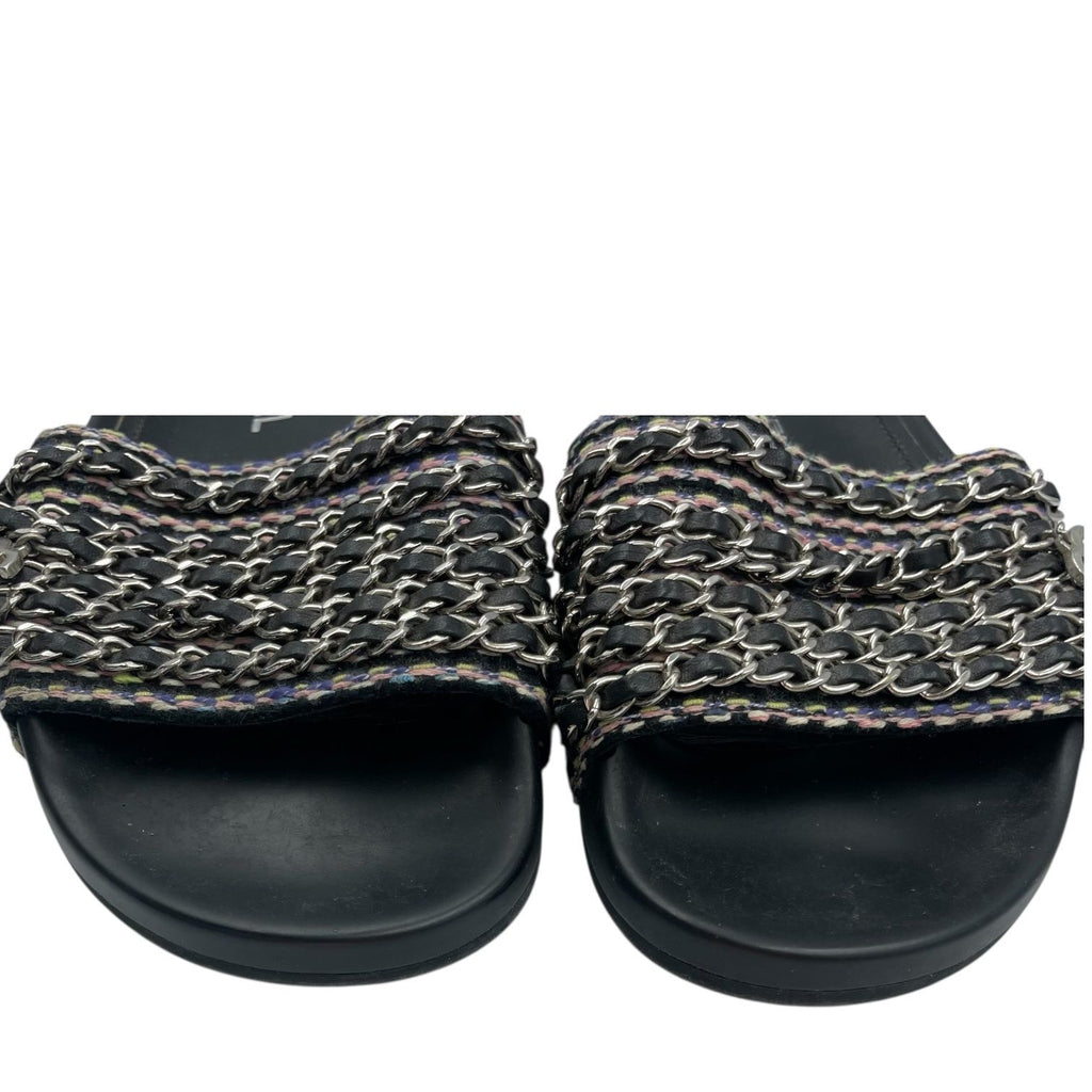 Chanel Sandals Leather CC Logo 6 Chain Shoes Flat Black — view 5