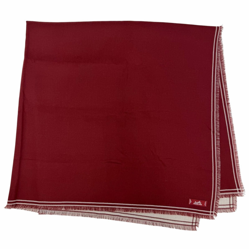 Hermes Carre Geant Cashmere Large Shawl with Fringe Scarf Bordeaux Off White
