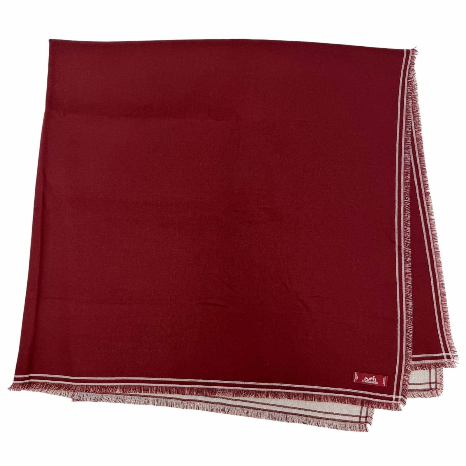 Hermes Carre Geant Cashmere Large Shawl with Fringe Scarf Bordeaux Off White