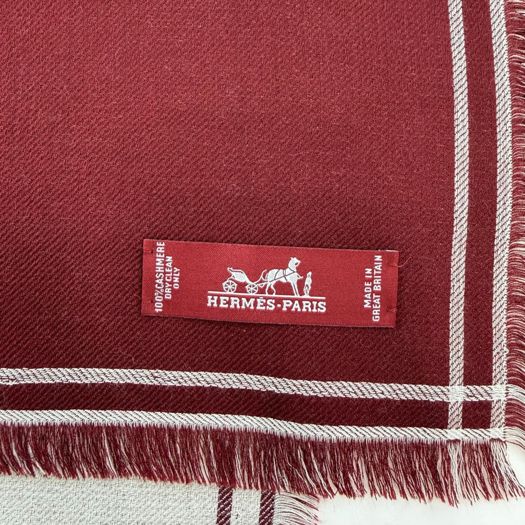 Hermes Carre Geant Cashmere Large Shawl with Fringe Scarf Bordeaux Off White — view 6