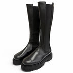 Chanel CC Logo Side Gore Leather Long Boots Thick Sole Black 38 Silhouette
