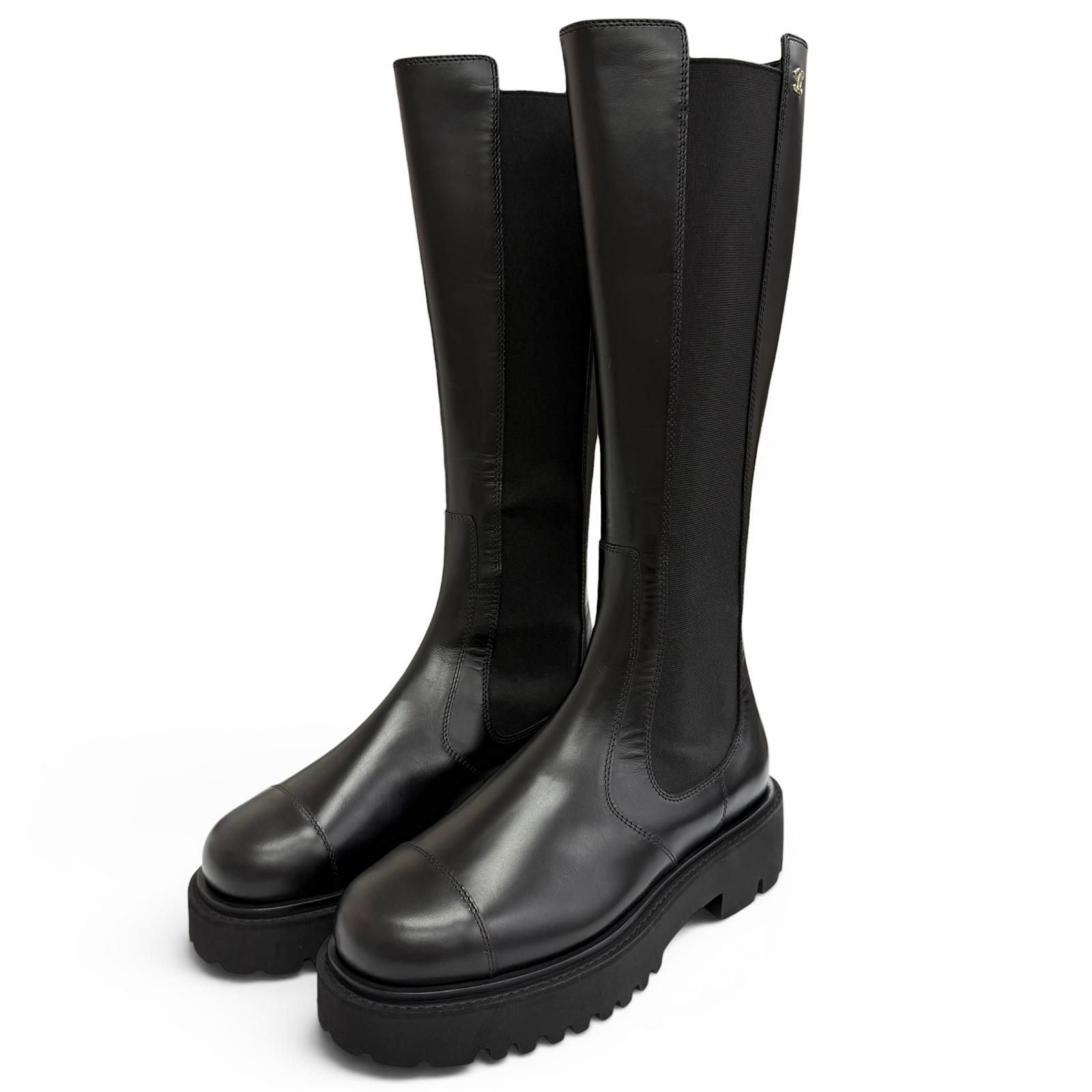 Chanel CC Logo Side Gore Leather Long Boots Thick Sole Black 38 Silhouette