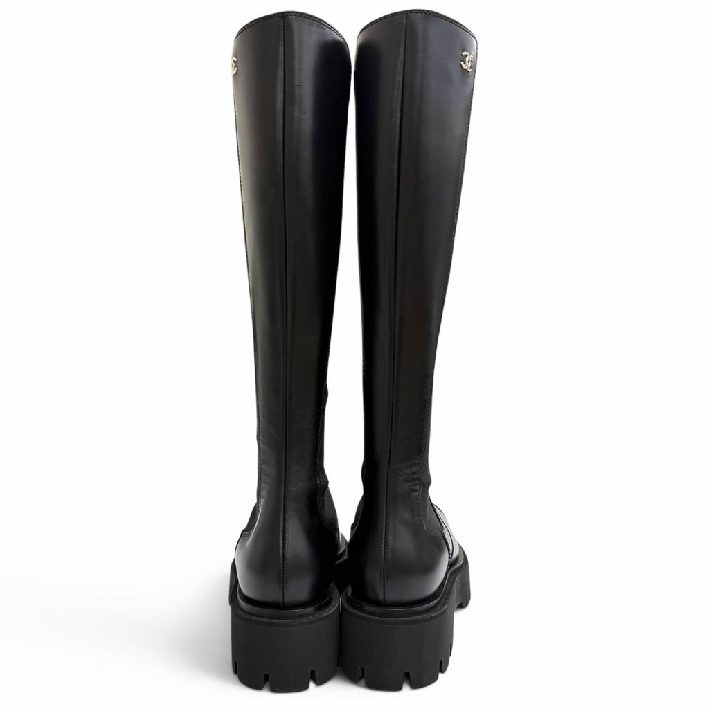 Chanel CC Logo Side Gore Leather Long Boots Thick Sole Black 38 Silhouette — view 5