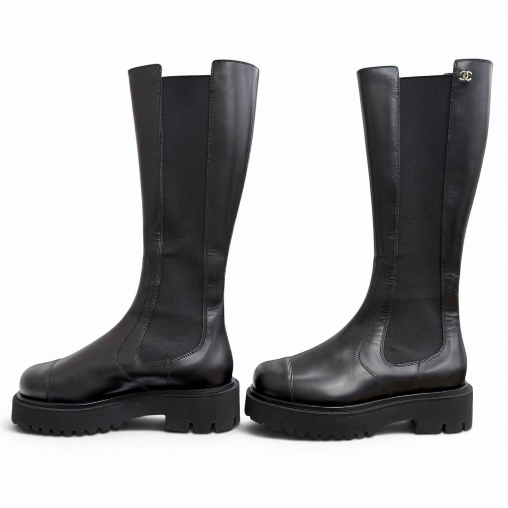 Chanel CC Logo Side Gore Leather Long Boots Thick Sole Black 38 Silhouette — view 3