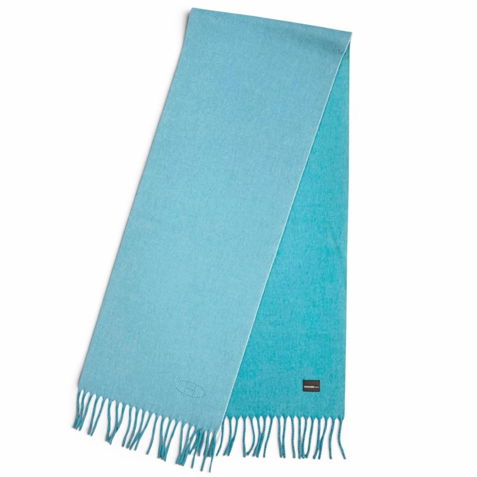 Hermes Cashmere 100% Blue Turquoise Evelyne Logo Fringe Bicolor Scarf — view 3