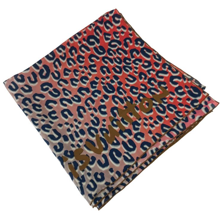 Louis Vuitton Shawl Carre Jean Leopard Patique Red Gray Silk Scarf