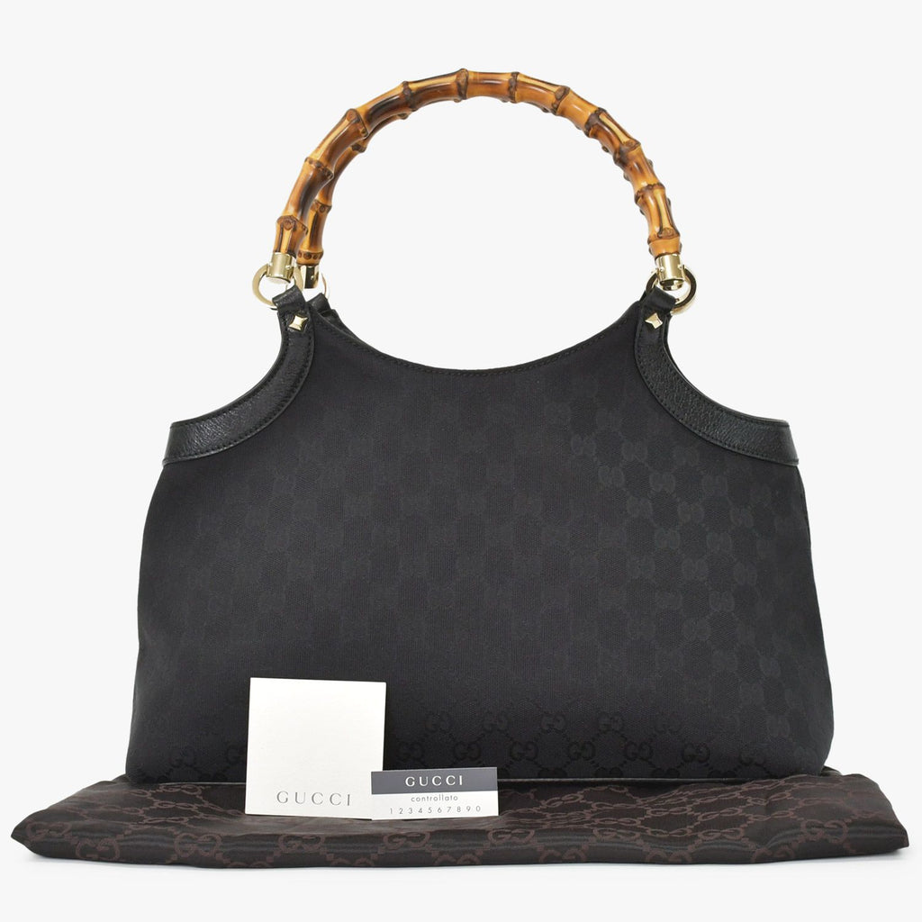 Gucci Bamboo Hand Bag Handbag GG Canvas Black Gold