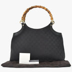 Gucci Bamboo Hand Bag Handbag GG Canvas Black Gold