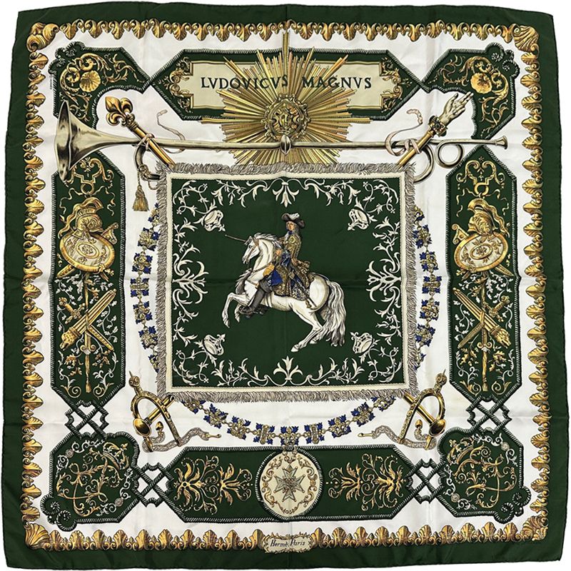 Hermes Scarf Carre 90 LV Dovicvs Magnvs White Louis Xiv on a Horse Silk Green