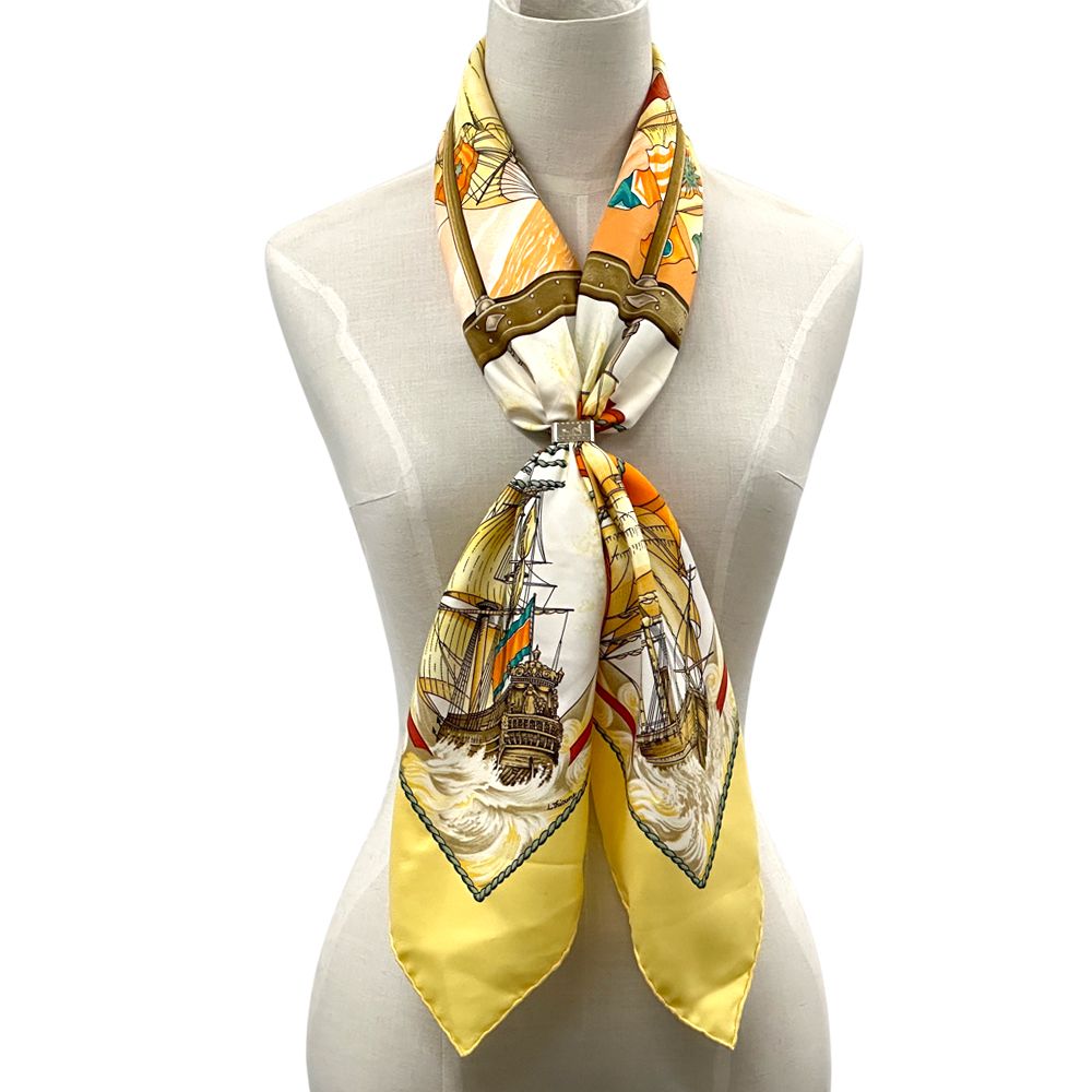 Hermes Scarf Carre 90 Vive le Vent Silk Yellow Multi Color Sea Ship Sailing — view 5