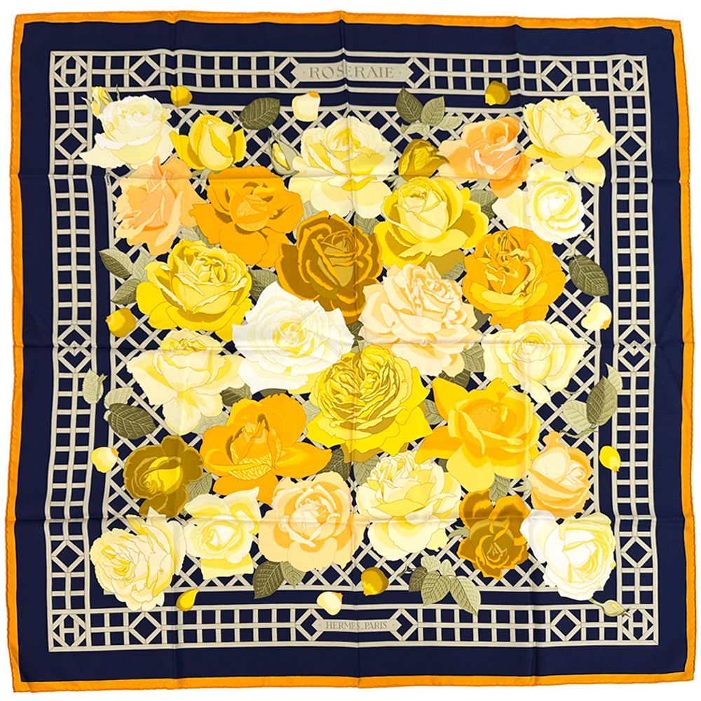 Hermes Scarf Carre 90 Rosrraie Rose Garden Silk Navy Orange Multi Color Floral