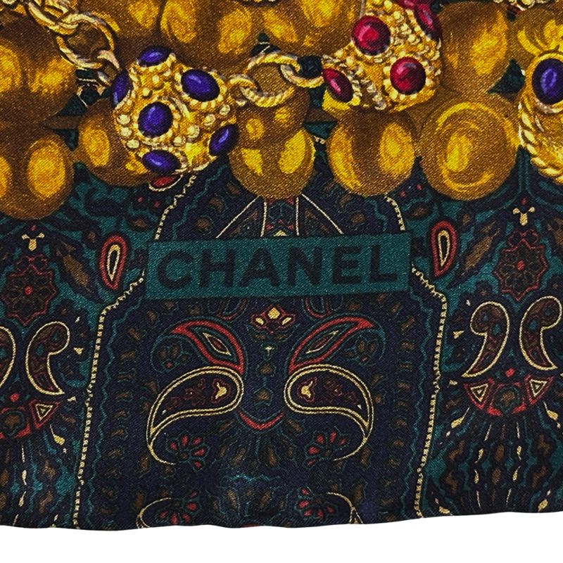 Chanel Scarf Gripoix Silk Green Multi Color Chain Paisley Pattern Glossy Shiny — view 3
