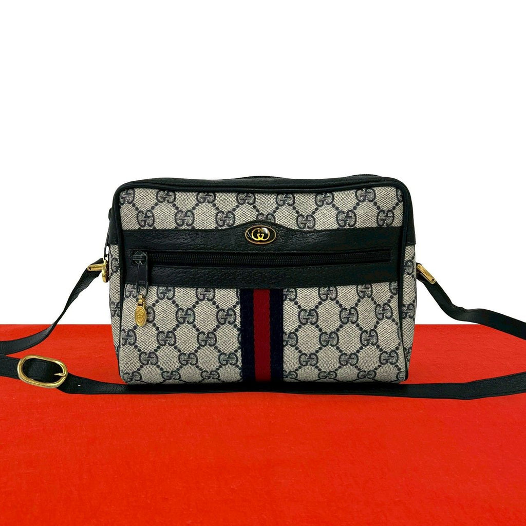 Gucci Vintage Sherry Line GG Logo Leather Shoulder Bag Pochette Navy