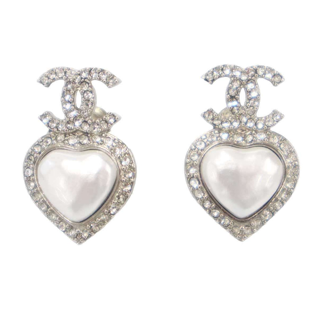 Chanel CC Logo Heart Pearl Earrings Silver