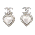 Chanel CC Logo Heart Pearl Earrings Silver