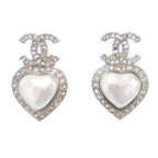 Chanel CC Logo Heart Pearl Earrings Silver