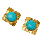 Chanel Vintage Square Motif Earrings Gold Blue Plated