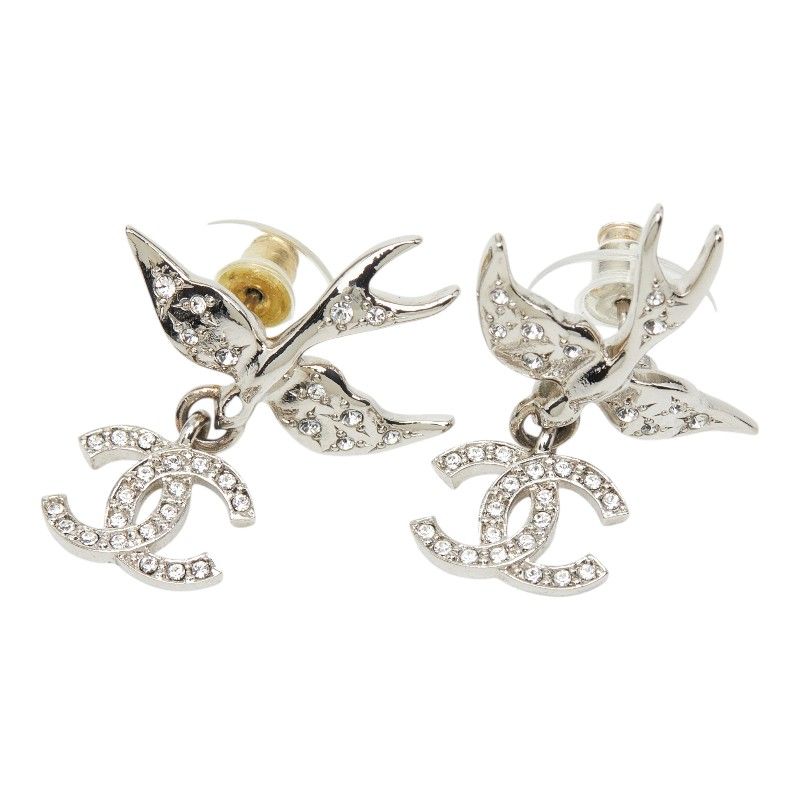 Chanel Stud Earrings Swing Bird Silver Metal Crystal — view 2