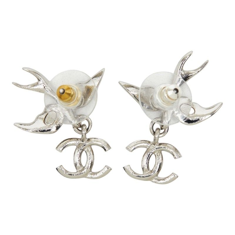 Chanel Stud Earrings Swing Bird Silver Metal Crystal — view 3