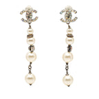 Chanel CC Logo Quadruple Strand Pearl Earrings 17 Silver Metal Faux Rhinestone