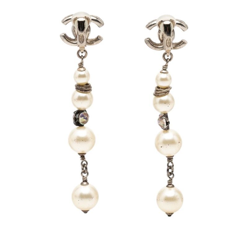 Chanel CC Logo Quadruple Strand Pearl Earrings 17 Silver Metal Faux Rhinestone — view 2
