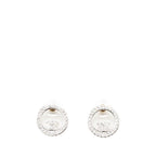 Chanel CC Logo Round Stud Earrings Silver Metal Rhinestone