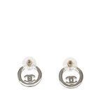 Chanel CC Logo Round Stud Earrings Silver Metal Rhinestone — view 2