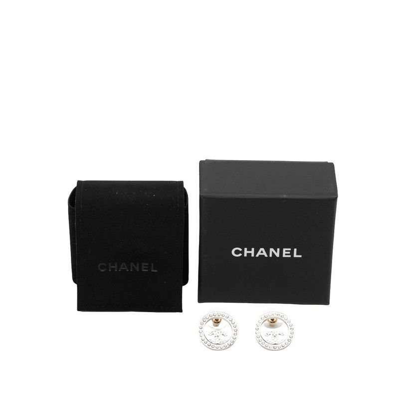 Chanel CC Logo Round Stud Earrings Silver Metal Rhinestone — view 4