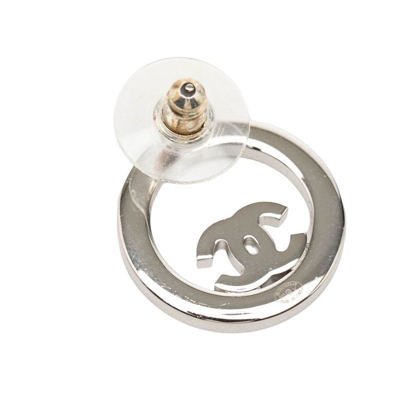 Chanel CC Logo Round Stud Earrings Silver Metal Rhinestone — view 3