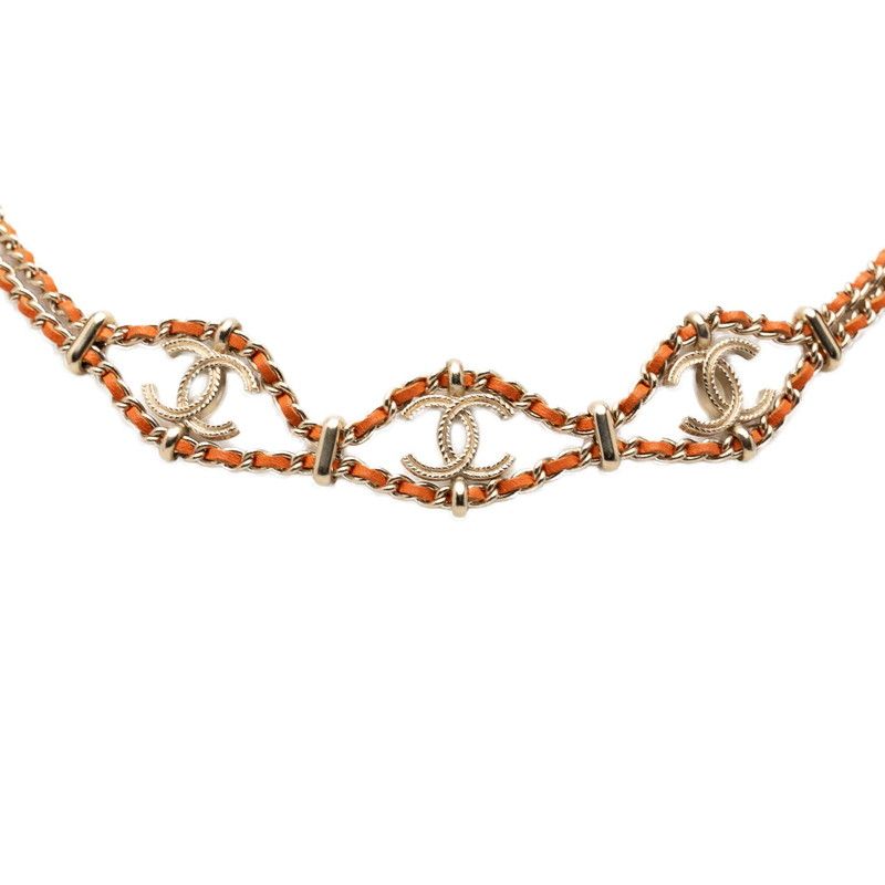Chanel CC Logo Chain Necklace Gold Orange Leather Plated — view 4