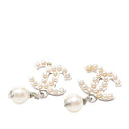 Chanel CC Logo Studded Swing Earrings 05 Silver Metal Faux Pearl