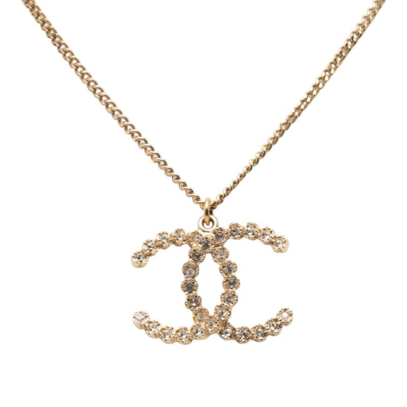 Chanel CC Logo Necklace Gold Plated Rhinestone