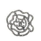 Chanel CC Logo Camellia Motif Brooch Silver Metal Rhinestone
