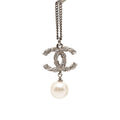 Chanel CC Logo Chain Pendant Silver Metal Faux Pearl Rhinestone