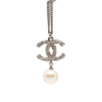 Chanel CC Logo Chain Pendant Silver Metal Faux Pearl Rhinestone