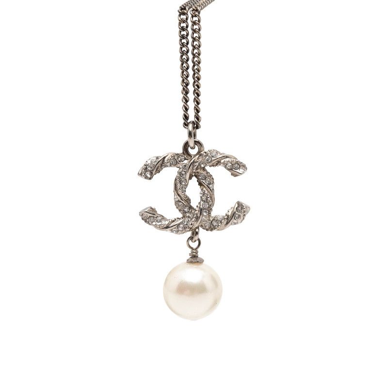 Chanel CC Logo Chain Pendant Silver Metal Faux Pearl Rhinestone