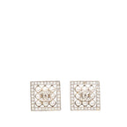 Chanel CC Logo Square Stud Earrings Silver Metal Rhinestone Faux Pearl
