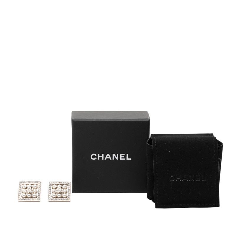 Chanel CC Logo Square Stud Earrings Silver Metal Rhinestone Faux Pearl — view 4