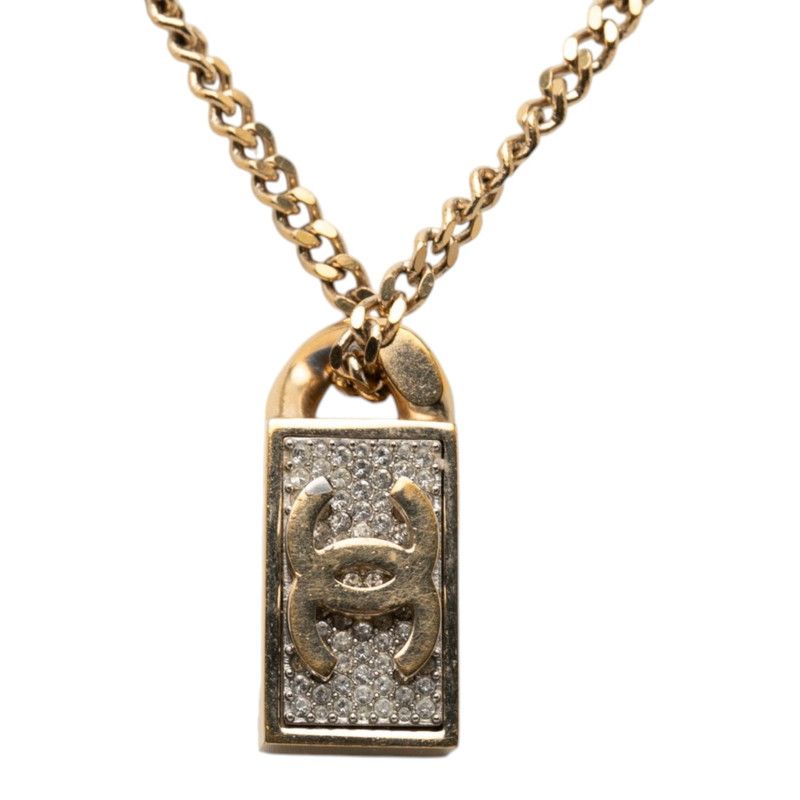 Chanel CC Logo Necklace Gold Plated Rhinestone