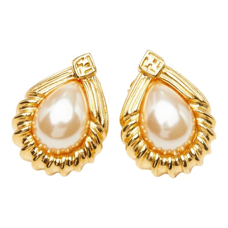 Fendi Vintage Drop Stud Earrings Gold Plated Faux Pearl — view 2