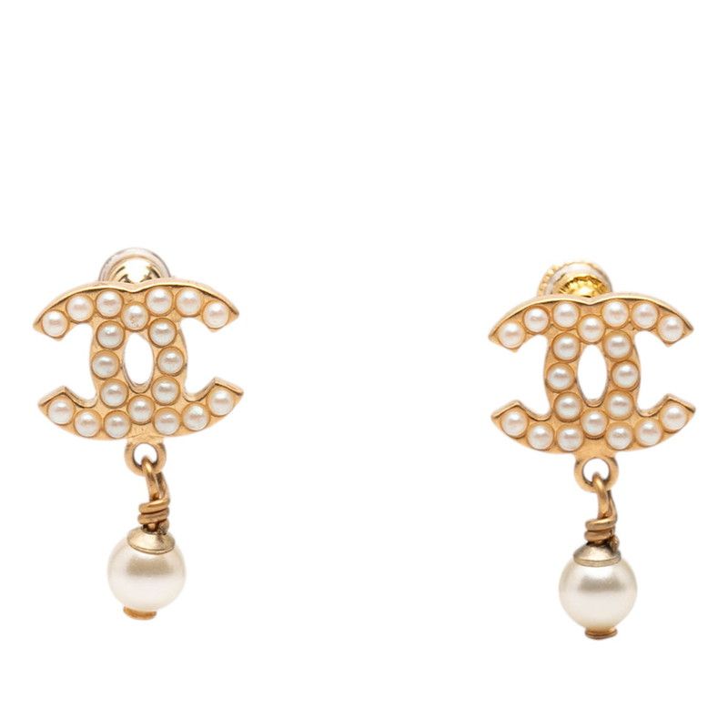 Chanel CC Logo Earrings Gold Plated Faux Pearl