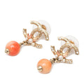 Chanel CC Logo Stud Swing Earrings 12 Gold Orange Plated Rhinestone Faux Pearl