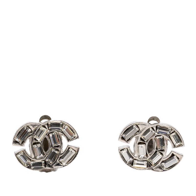 Chanel CC Logo Visual Earrings Silver Metal