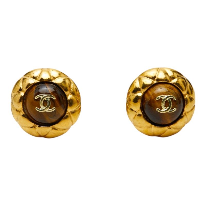Chanel CC Logo Earrings Gold Brown Plated Color Stone — view 2