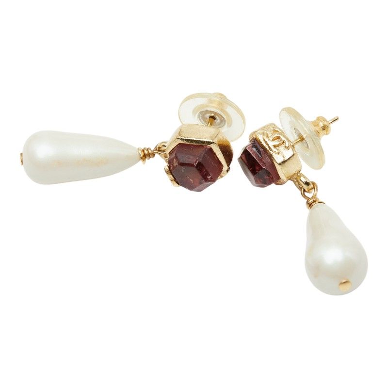 Chanel CC Logo Stud Earrings Swing Gold Plated Faux Pearl Color Stone — view 3