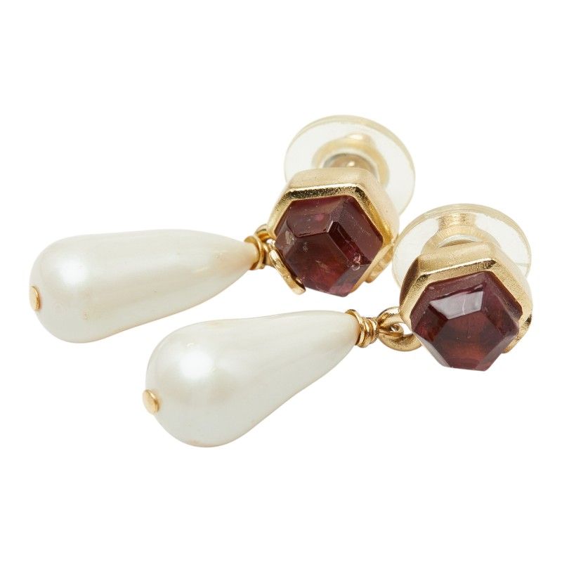Chanel CC Logo Stud Earrings Swing Gold Plated Faux Pearl Color Stone