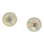 Chanel CC Logo Round Earrings Silver White Metal Resin