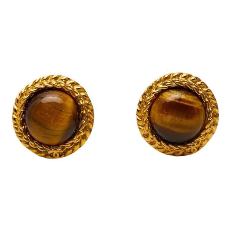 Chanel CC Logo Round Earrings Gold Brown Plated Tiger — view 2